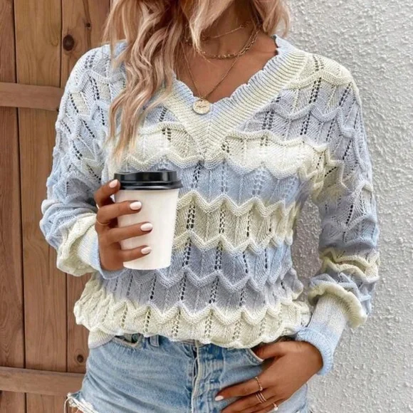 Cozy Pastel Colorblock V Neck Oversized Sweater Top - Picture 2 of 5